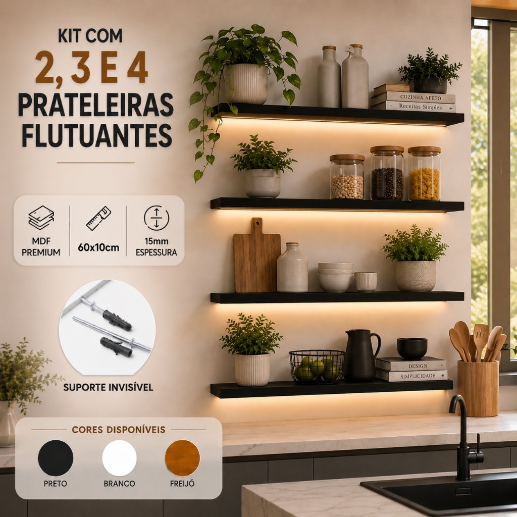 Kit 2 3 4 Prateleiras Flutuantes MDF 60x10 Suporte Invisível Nicho Decorativo Sala Quarto Cozinha Escritório