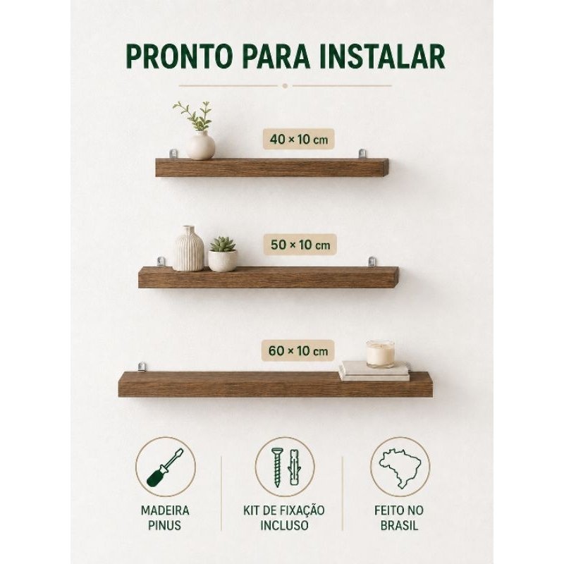 Kit 3 Prateleiras de Madeira Pinus com Suportes para Parede Natural ou Envelhecida