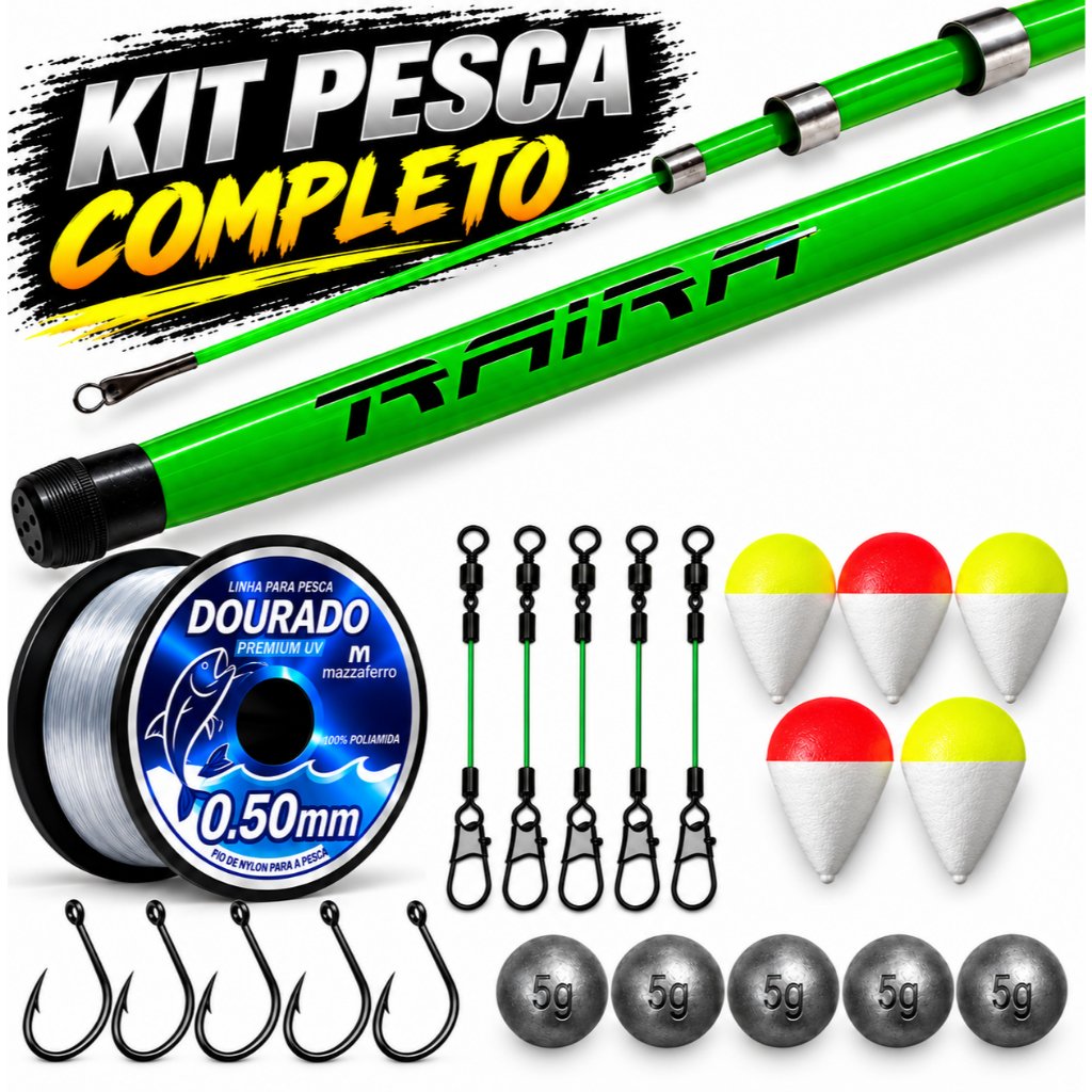 Vara Telescópica Traíra Gomo Longo Verde 3.00m Reforçada Kit Completo Para Pesca