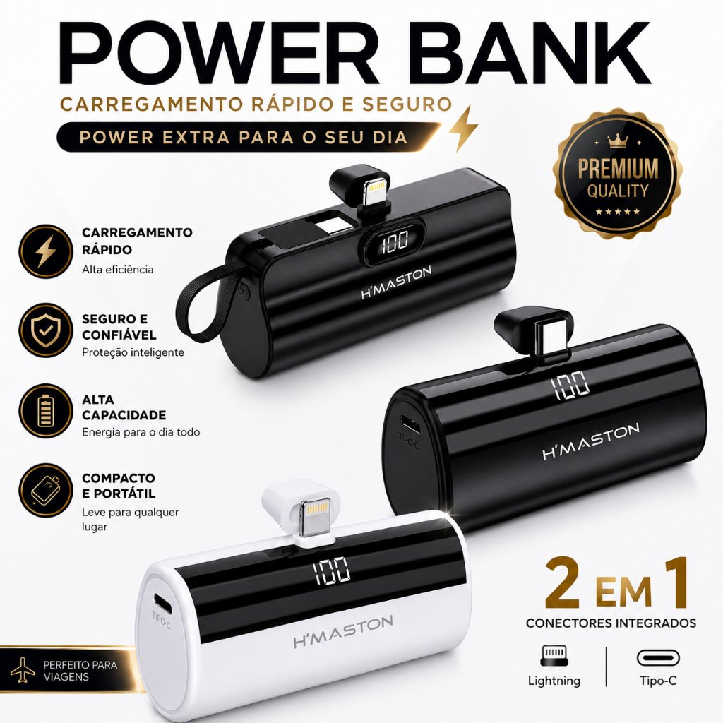 Carregador Portátil Power Bank premium para iphone e android 5000mAh Com 02 Saídas Tipo-C / Lightning com Visor LED