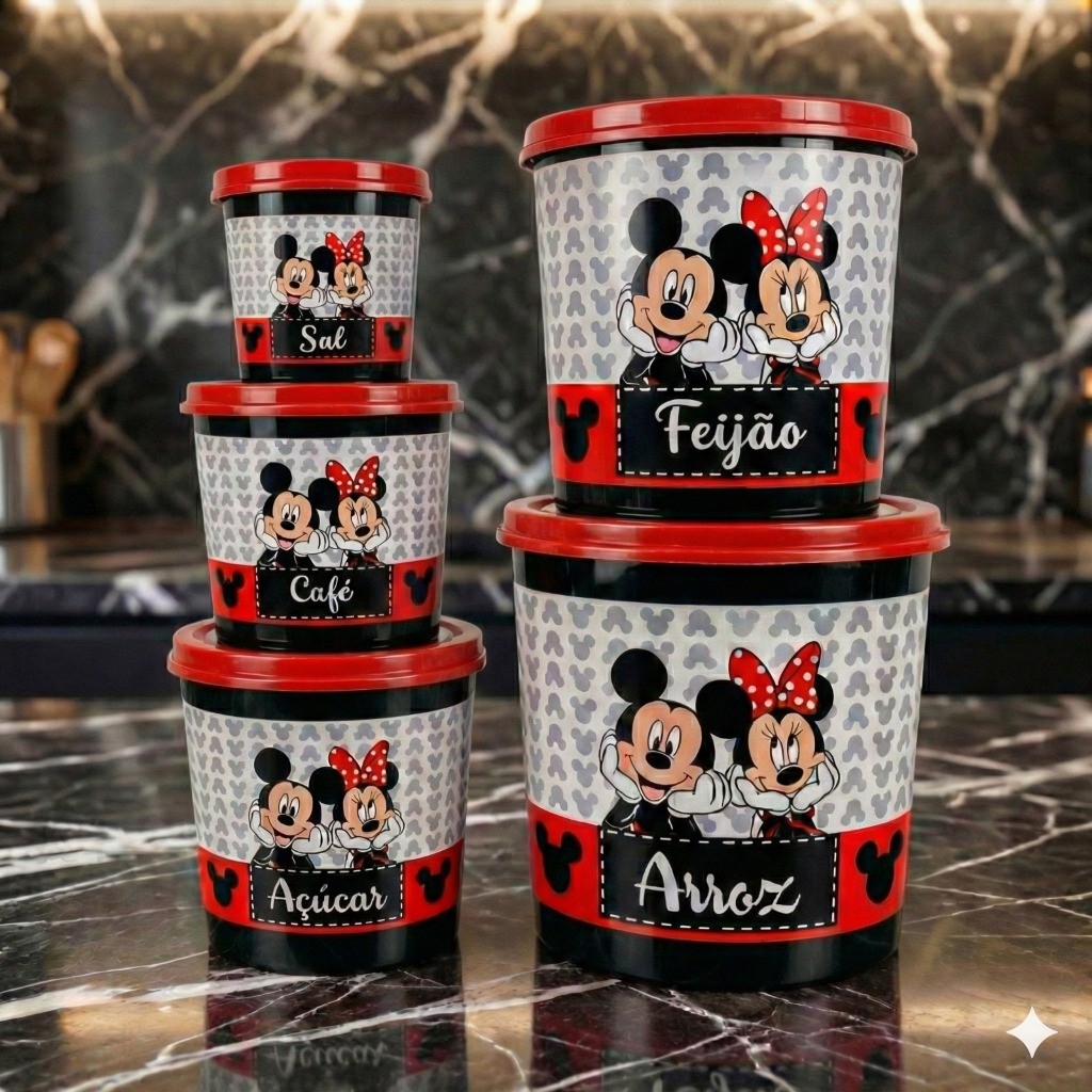 Kit 5 Potes Mantimentos Arroz Feijão Café Açúcar Sal Mickey e Minnie