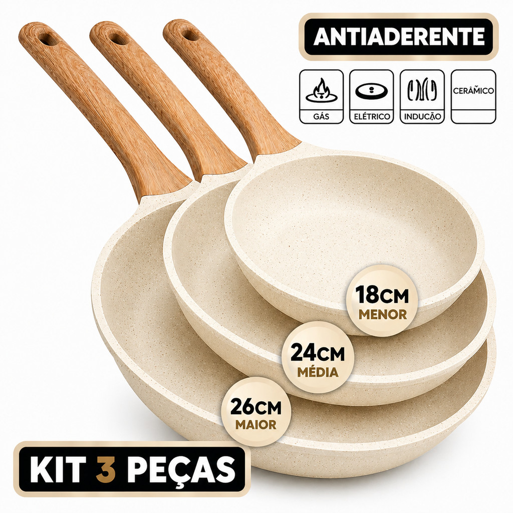 3 Frigideira 26cm e 24 cm e 18cm Creme Antiaderente Indução de Alumínio Revestimento Cerâmico Premium Cabo Madeira